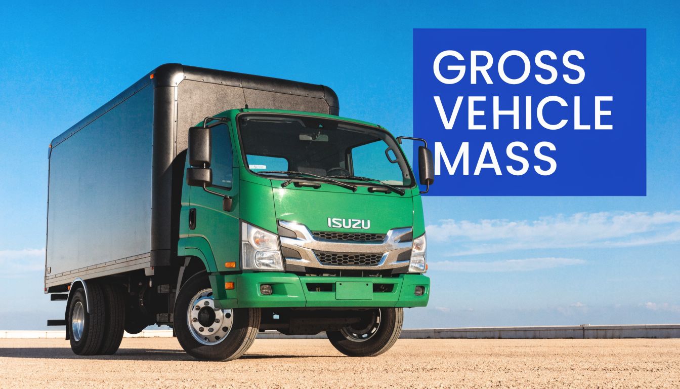 A green Isuzu box truck parked outdoors under a bright blue sky with a text overlay.
