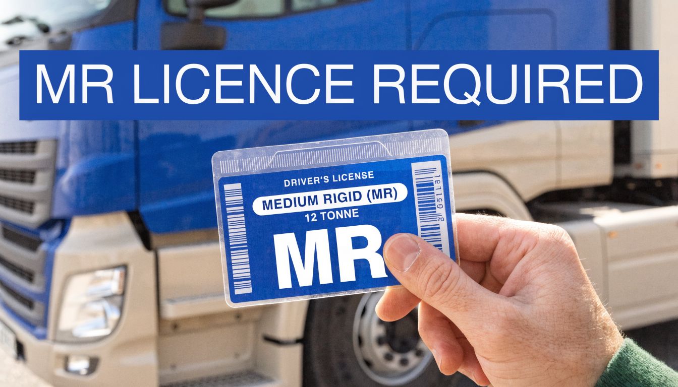 A hand holds an MR licence card in front of a blue 12 tonne rigid truck.