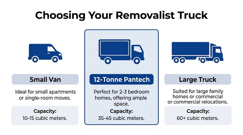 A comparison guide displaying three types of removalist vehicles, including a small van, 12-tonne pantech, and large truck.
