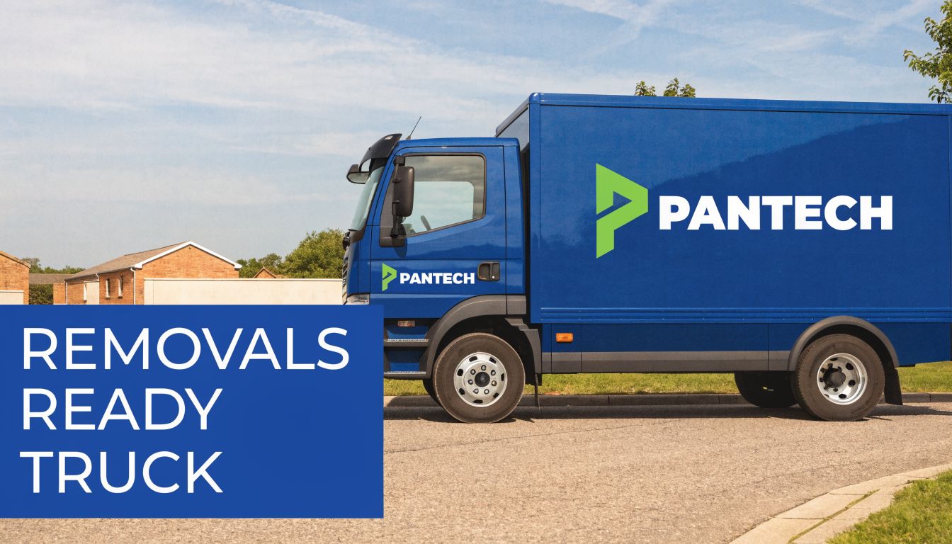 A bright blue Pantech removals truck parked on a sunny paved lot in front of houses.
