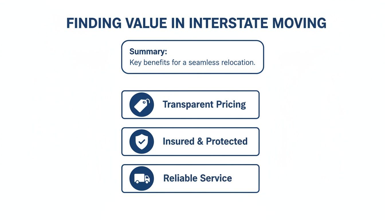 Infographic outlining key benefits of interstate moving: transparent pricing, insurance, and reliable service.