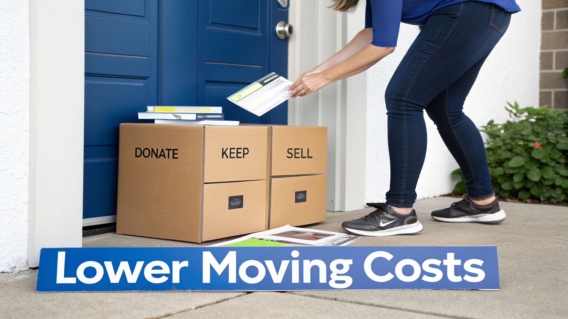 A person sorts belongings into 'Donate,' 'Keep,' and 'Sell' boxes on a doorstep, aiming to lower moving costs.