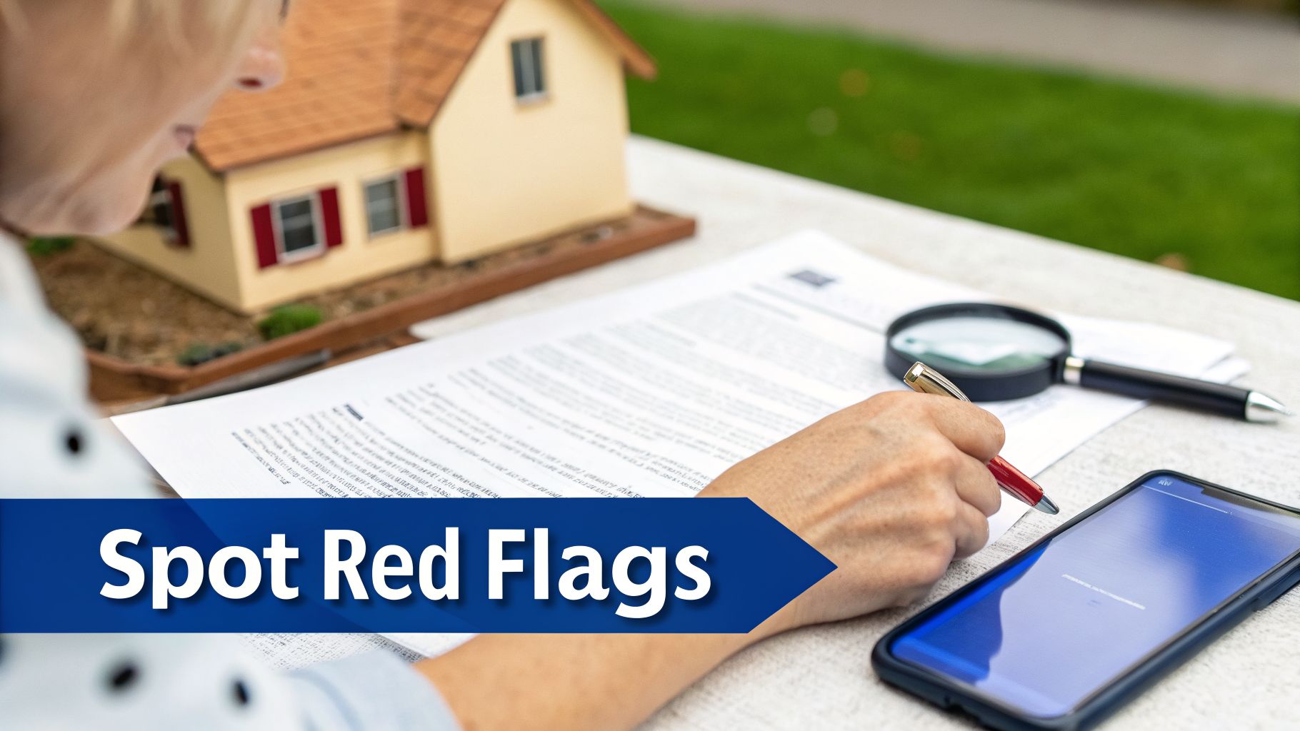 Woman reviewing home buying documents with a magnifying glass to spot red flags.