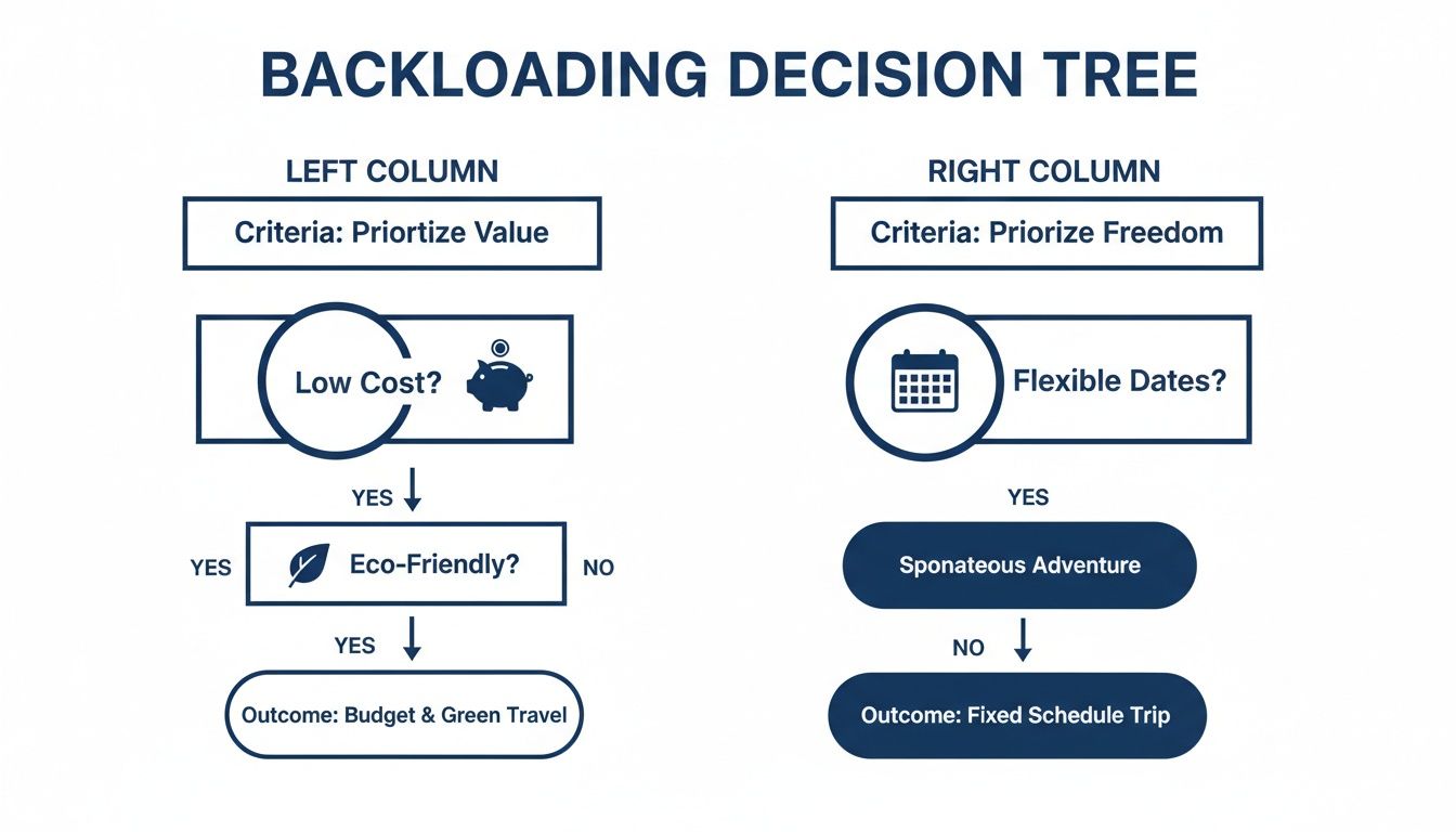 A backloading decision tree flowchart illustrating choices for prioritizing value (cost, eco-friendly) or freedom (flexible travel dates).