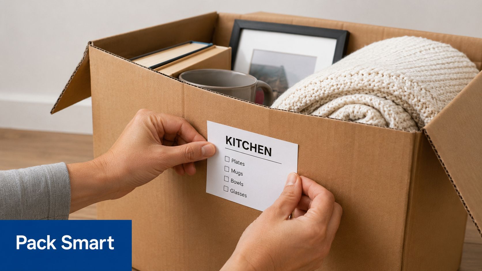 A person carefully attaches a kitchen label to a cardboard moving box filled with household items.