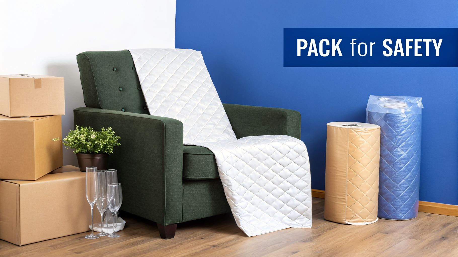 Moving supplies, including cardboard boxes, a furniture pad on an armchair, and protective rolls.