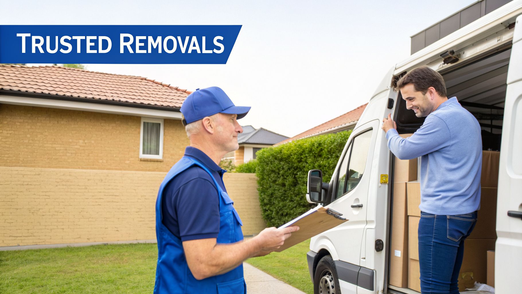 Two men organizing moving boxes in a white van for a trusted removals service.