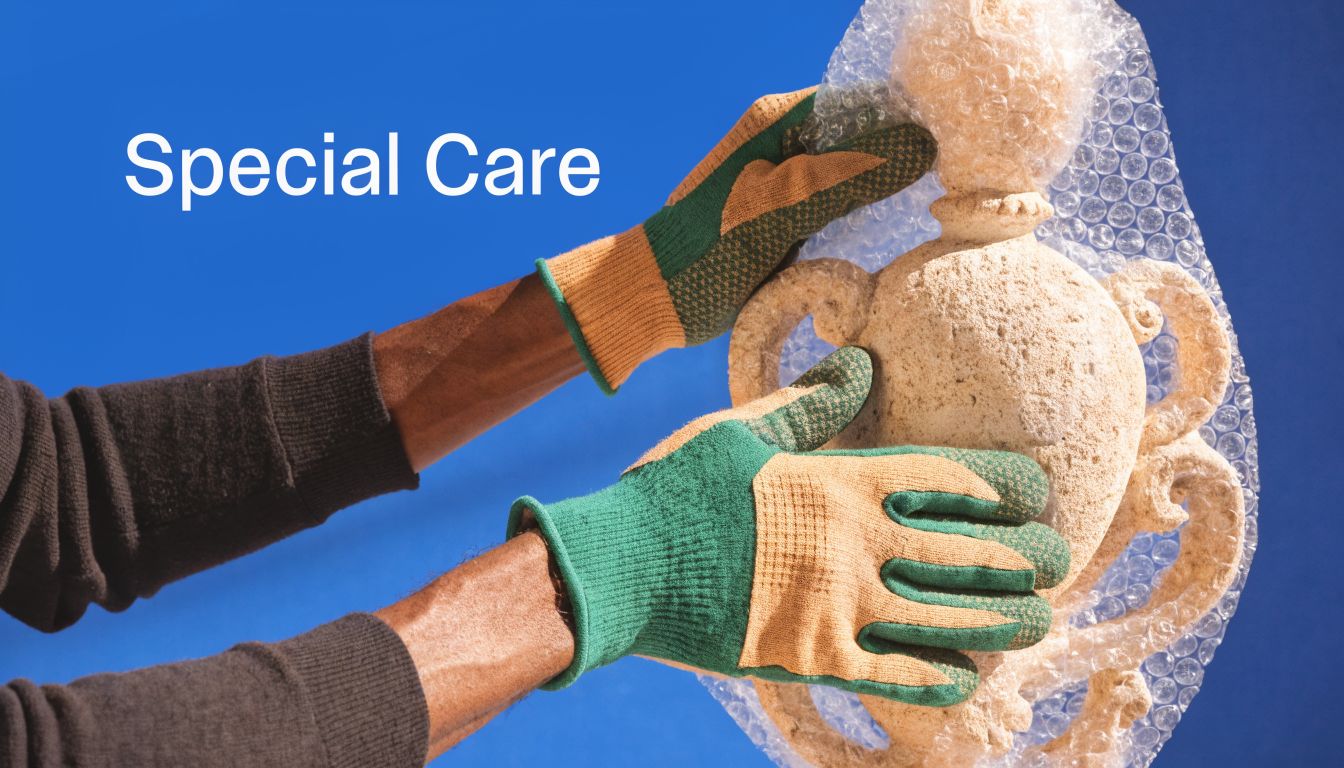 A person wearing protective gloves handling a fragile stone vase wrapped in clear bubble wrap.