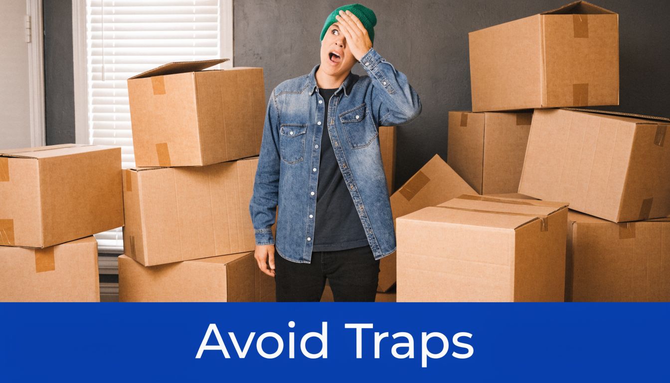 A young man wearing a beanie and denim shirt stands frustrated among numerous cardboard moving boxes.