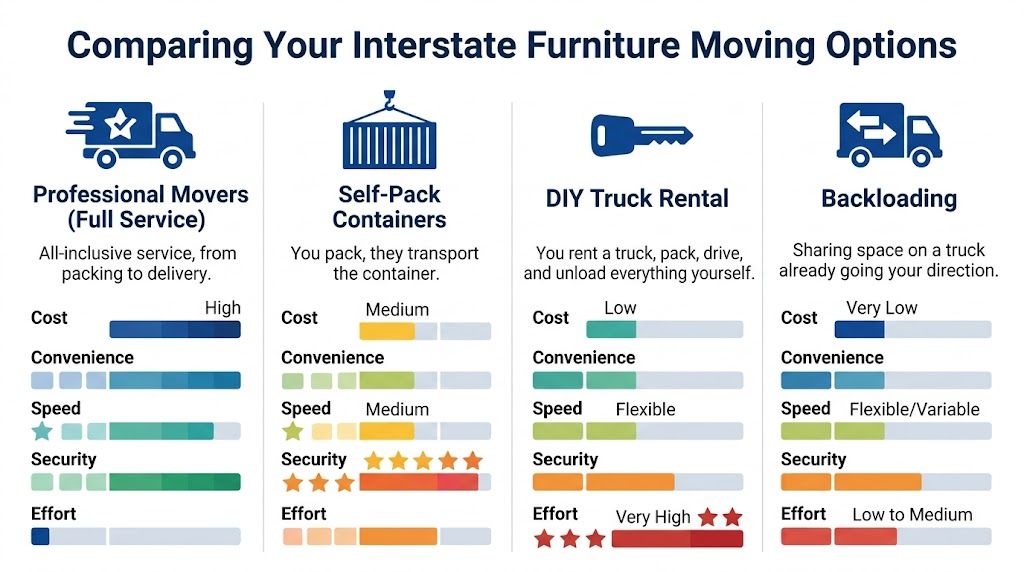 A comparison chart outlining the cost, convenience, speed, security, and effort for different interstate furniture moving methods.