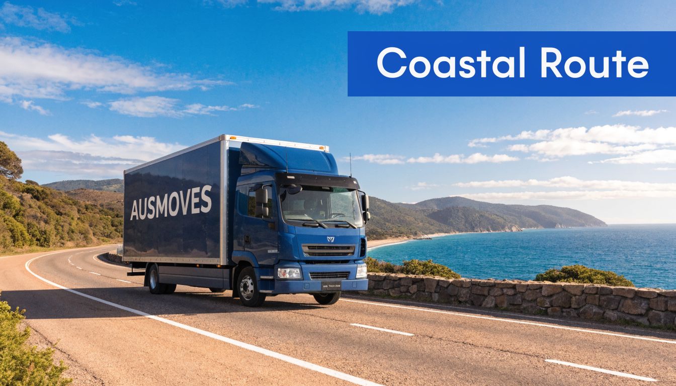 An Ausmoves blue moving truck driving along a scenic coastal road with ocean and mountain views.
