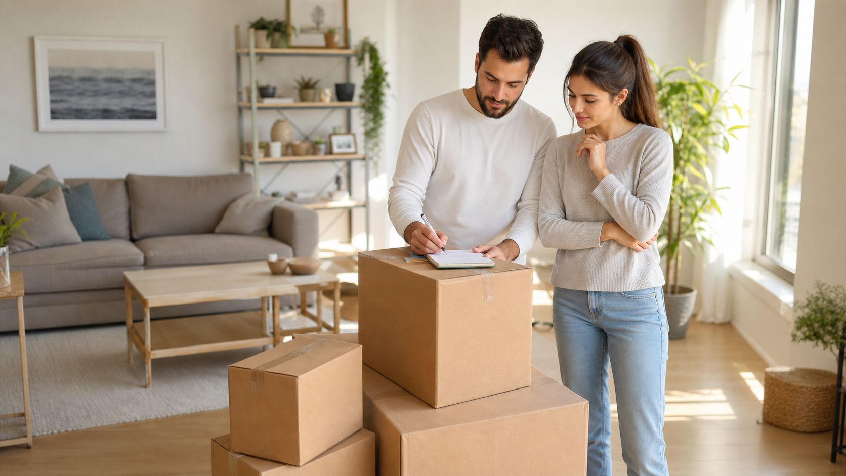 A young couple in a bright living room standing together while organizing their packed moving boxes.