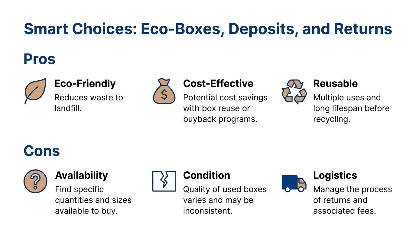 An infographic outlining the pros and cons of using eco-friendly, reusable moving boxes for sustainable shipping.