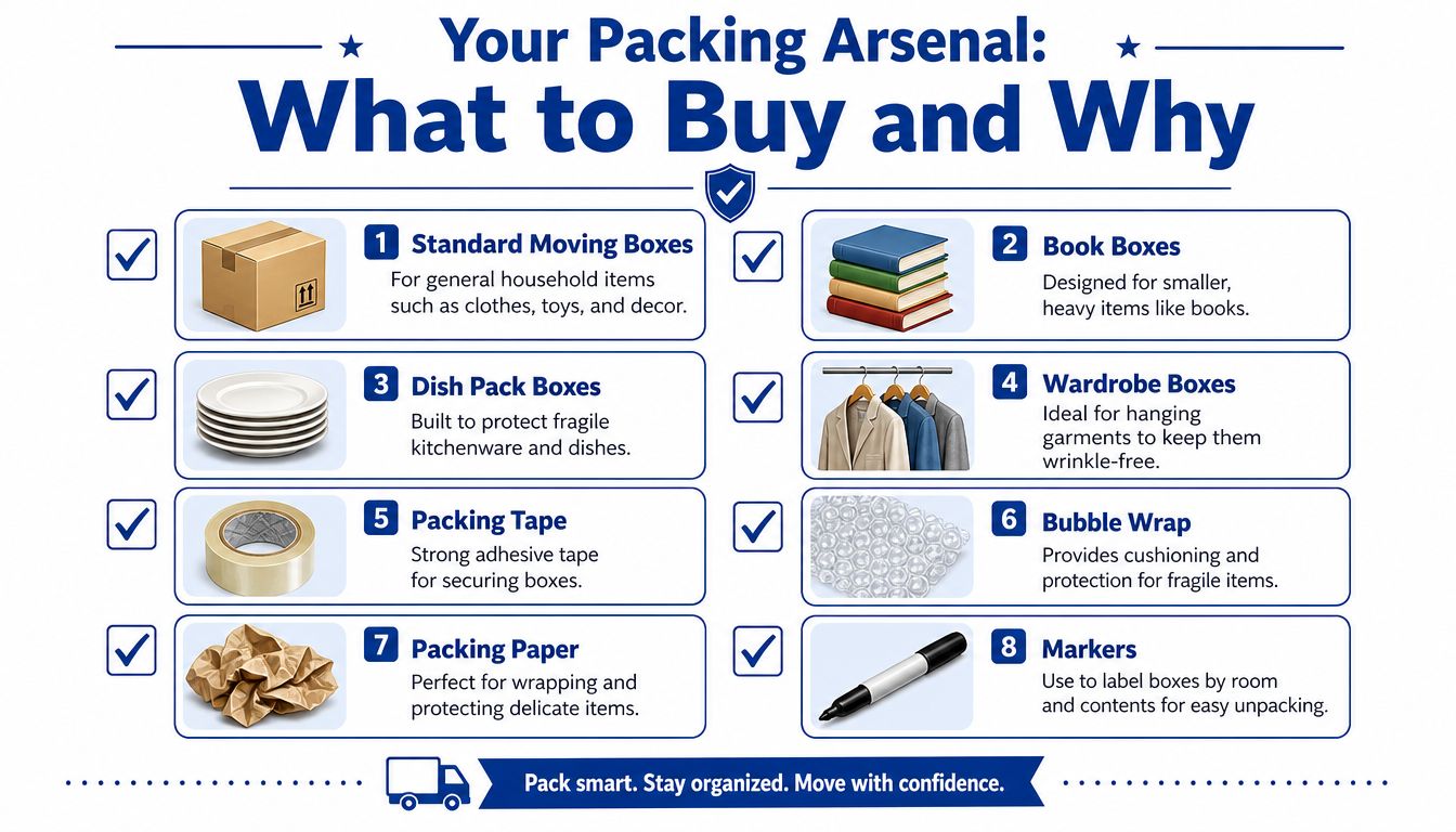 An infographic titled Your Packing Arsenal detailing essential moving supplies like boxes, tape, bubble wrap, and markers.