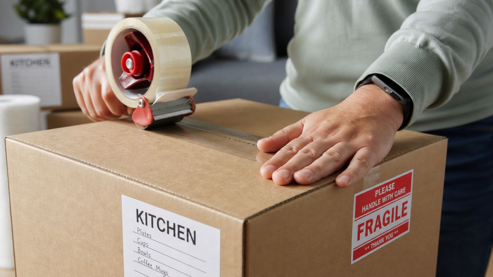 A person in a long-sleeved shirt sealing a cardboard box labeled kitchen and fragile for moving.