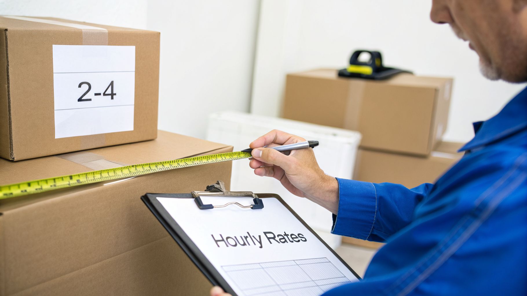 A man in a blue uniform measures a moving box with a tape measure while holding a clipboard.