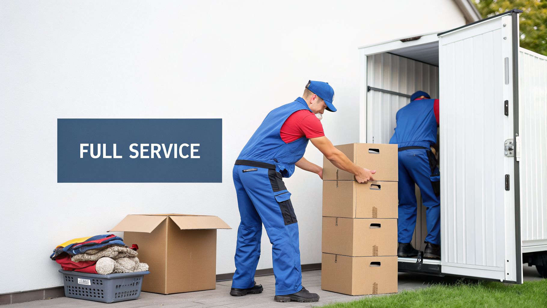 Movers in blue uniforms loading cardboard boxes into a white moving truck or storage unit, offering full service.