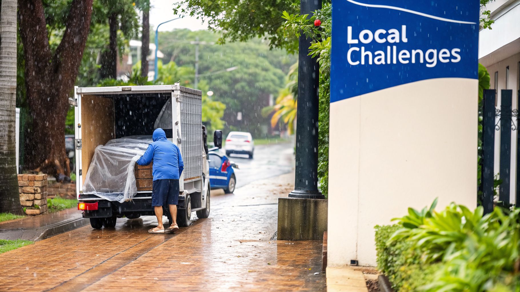 Person in a blue hoodie loads items into a white delivery truck during heavy rain.