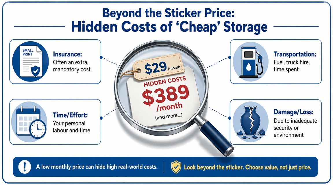 An infographic illustrating that cheap storage units often have hidden costs beyond the initial low monthly price.