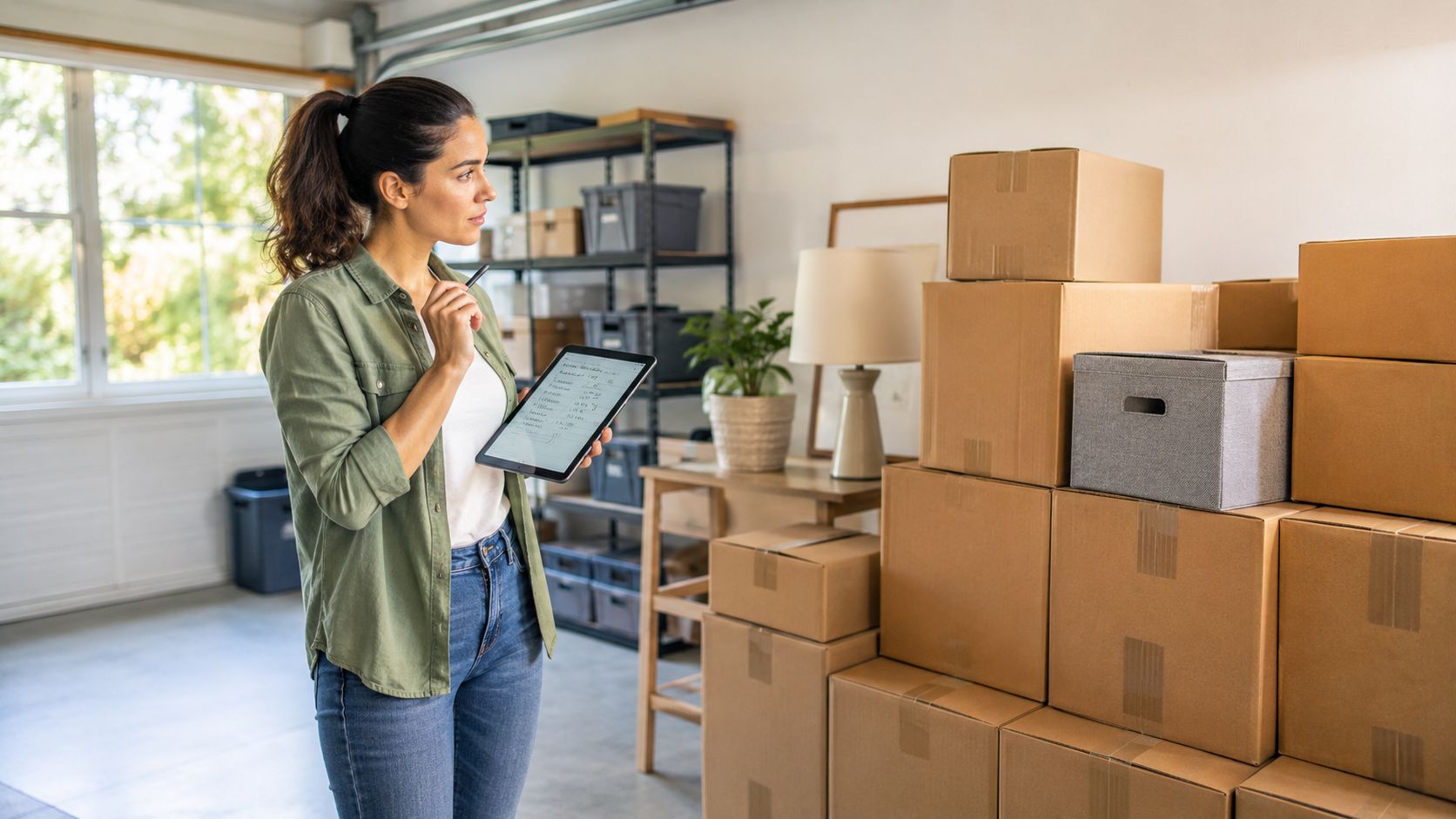 A woman holding a tablet checks moving boxes in a garage while planning her relocation.