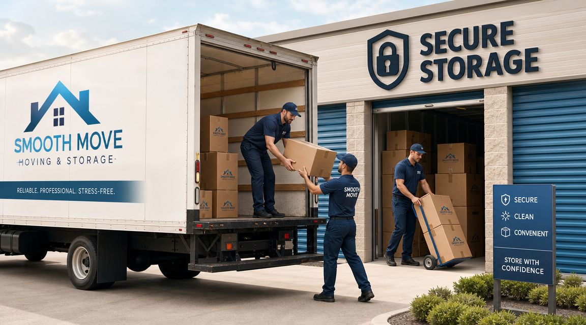 Two movers working together to load cardboard boxes from a white truck into a secure storage facility.