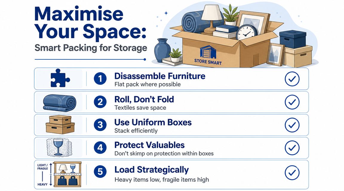 A professional infographic titled Maximize Your Space providing five smart packing tips for efficient self-storage.
