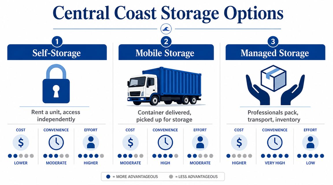 A comparison chart outlining the cost, convenience, and effort levels for self, mobile, and managed storage options.