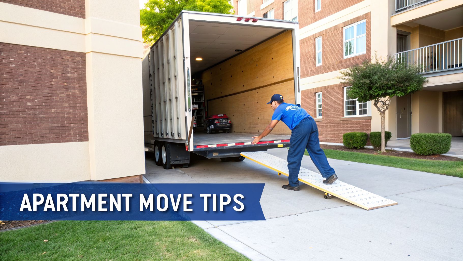 A mover extends a ramp from a moving truck parked in front of an apartment building.