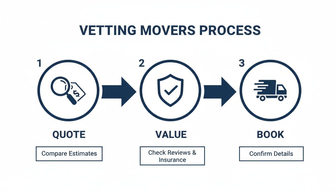 A three-step process for vetting movers: Quote, Value, and Book, showing comparing estimates, checking reviews, and confirming details.