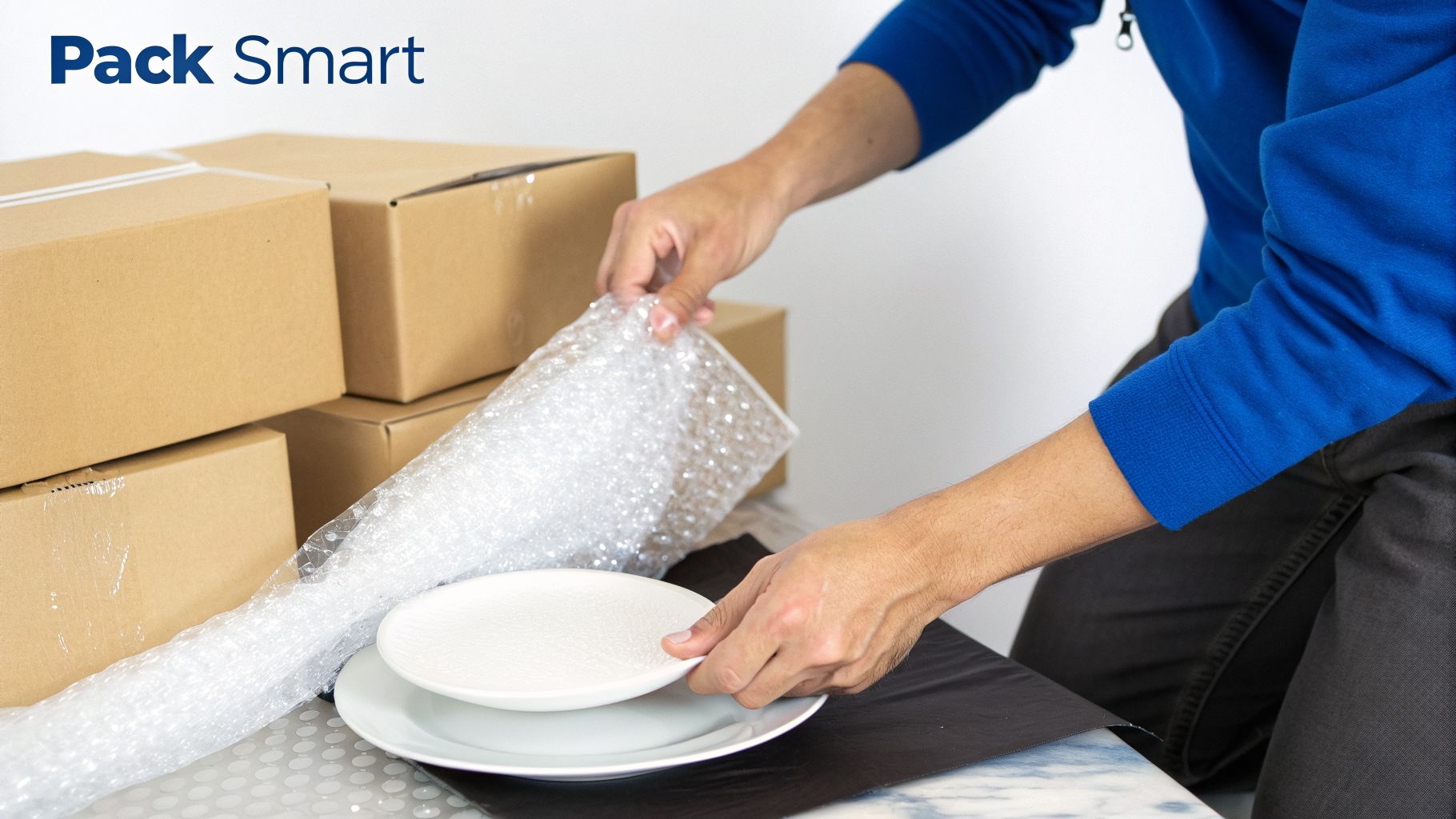 A person's hands wrapping white plates with bubble wrap for moving, with cardboard boxes in the background.