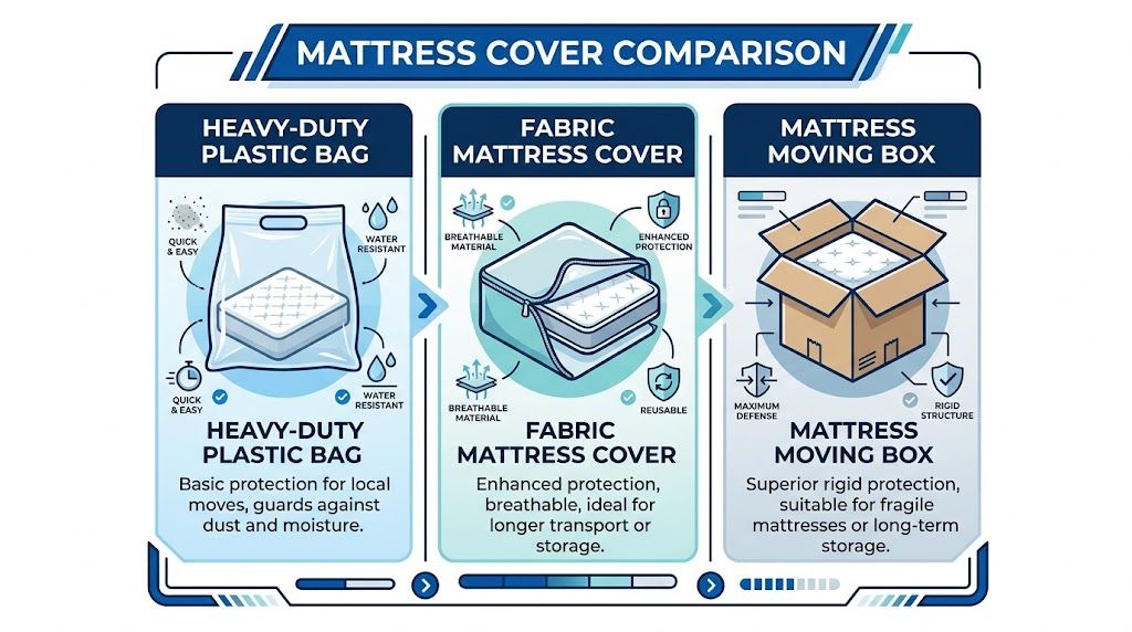 A comparison chart showing three options to cover a mattress when moving: plastic bag, fabric cover, and box.