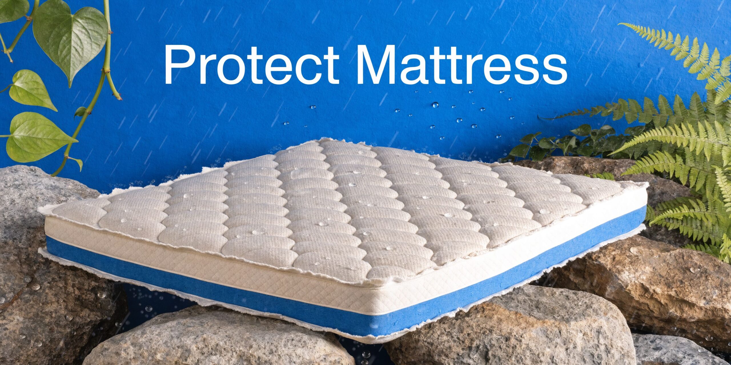 A waterproof mattress protector resting on natural rocks with water droplets against a blue background with plants.