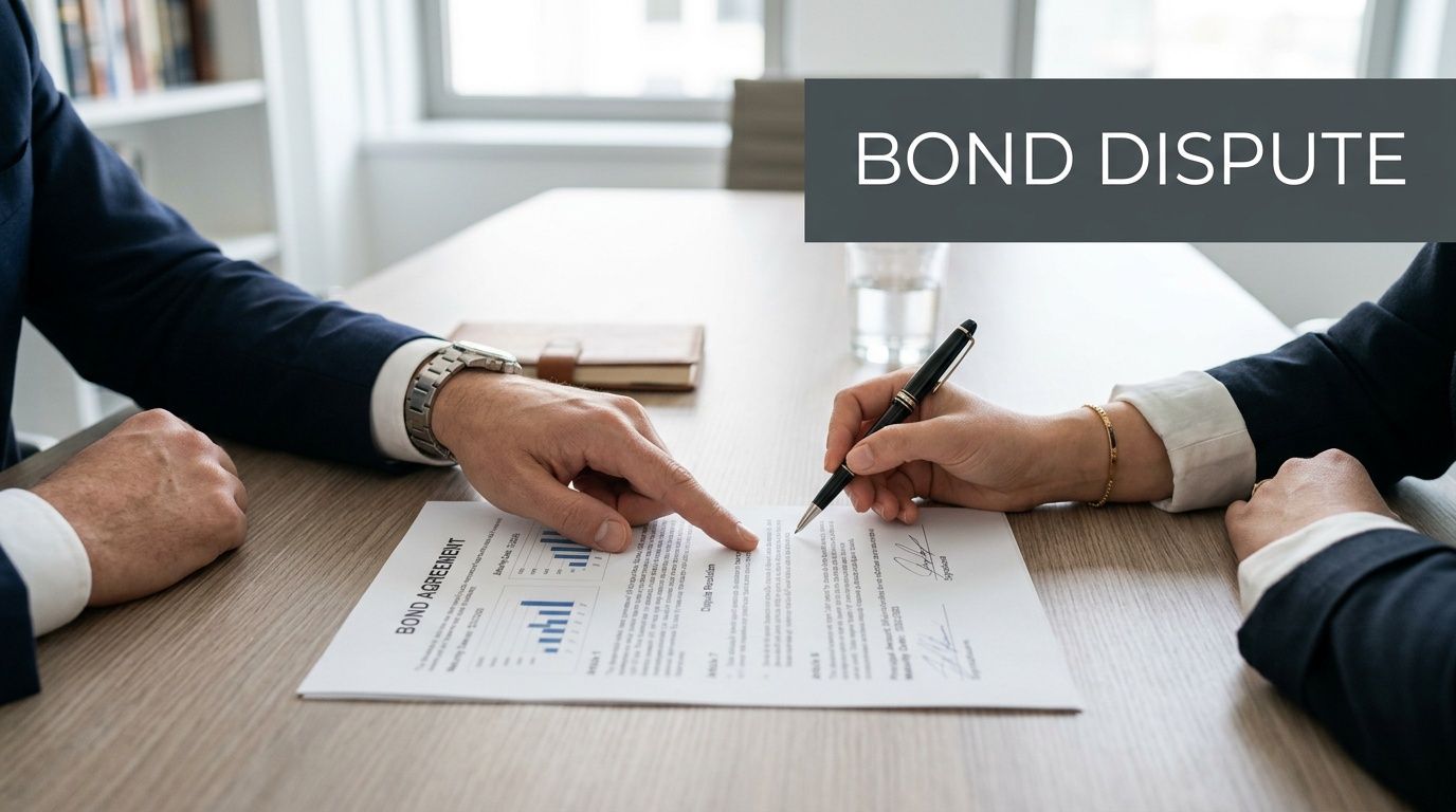 A professional business meeting where two individuals review and discuss a bond agreement document at a desk.