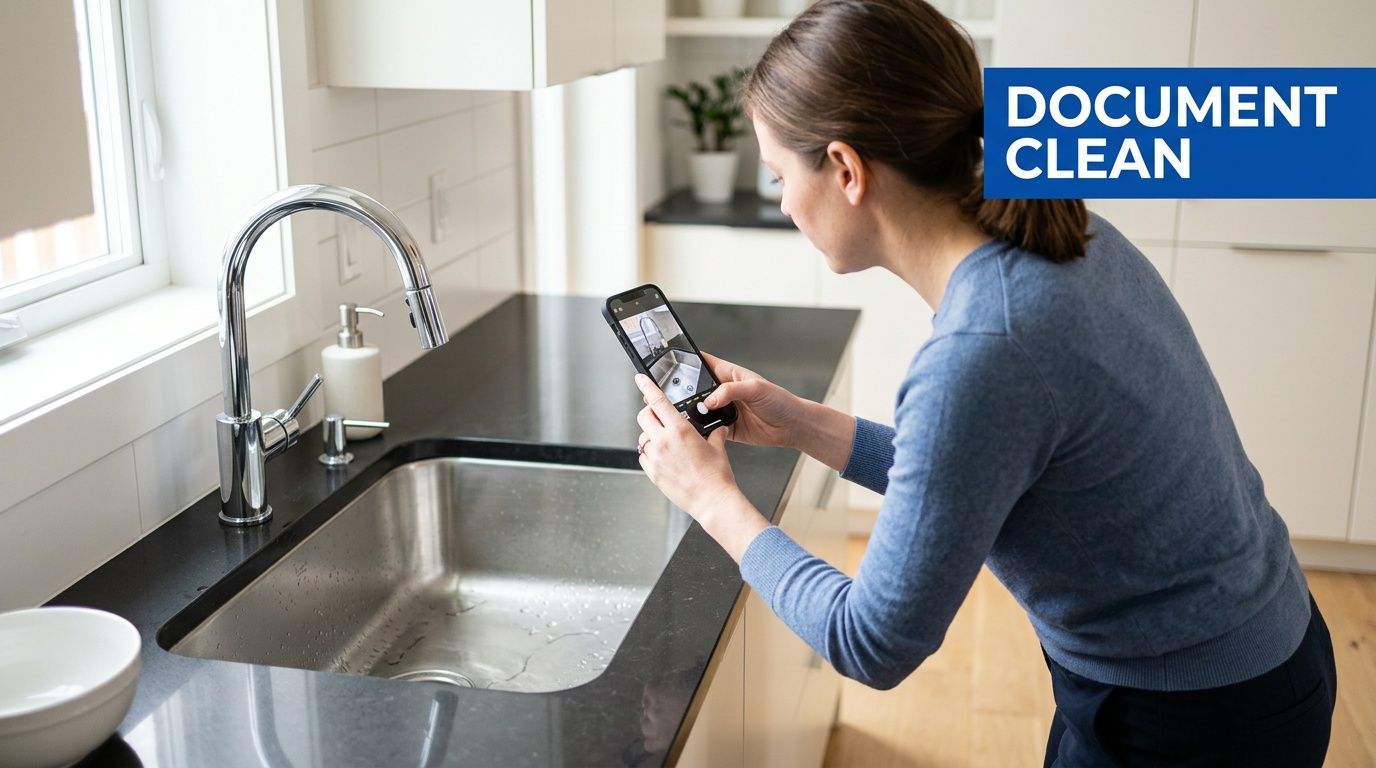 A woman photographing a clean kitchen sink with her smartphone for end of lease cleaning inspection purposes.