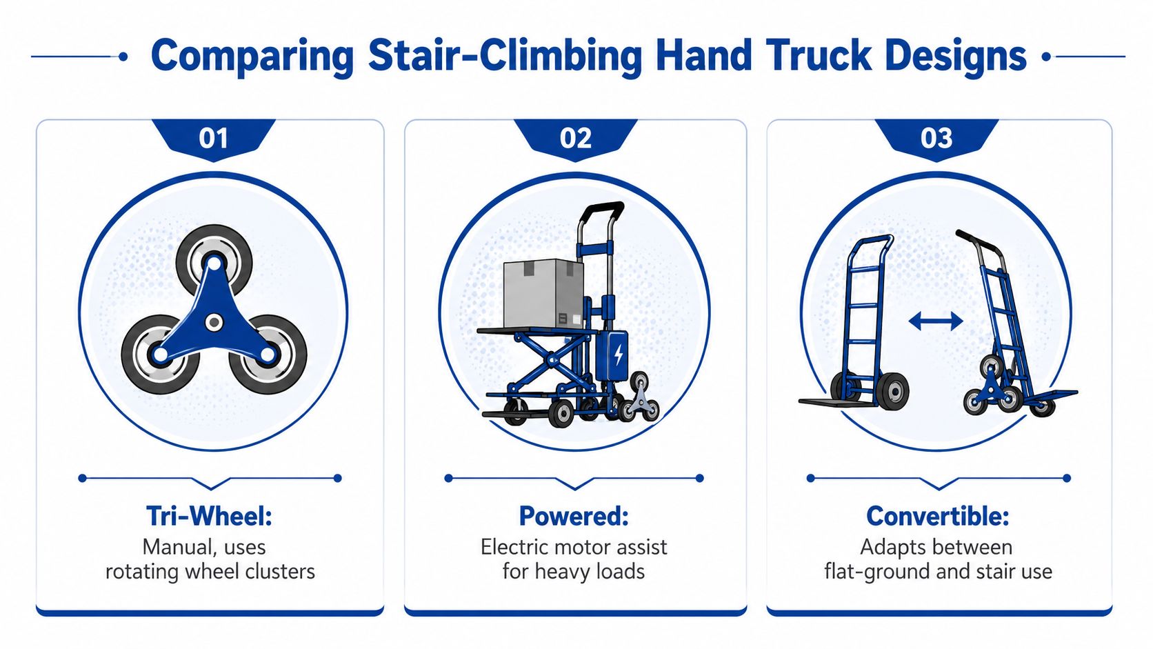 An infographic comparing three types of stair-climbing hand trucks: tri-wheel, powered, and convertible designs.