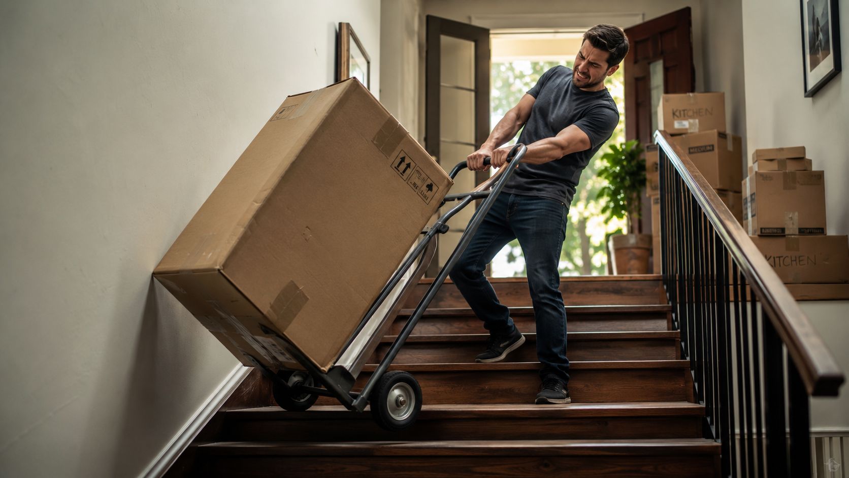 A man straining to pull a large cardboard box up a wooden staircase using a hand truck.