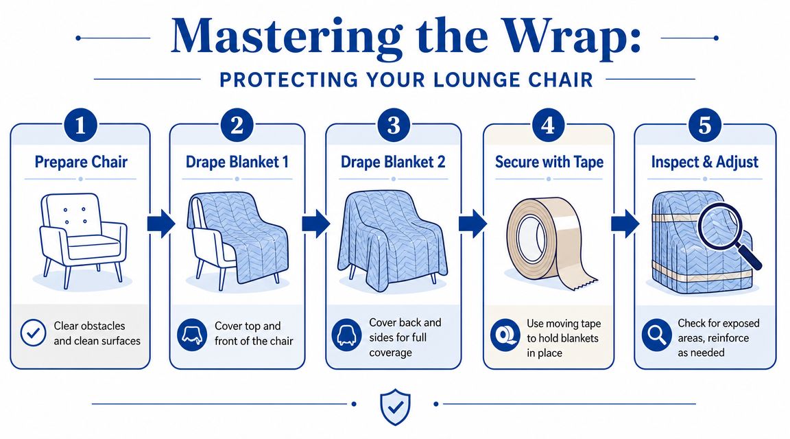 An instructional infographic detailing the five steps to wrap a lounge chair using heavy duty moving blankets.
