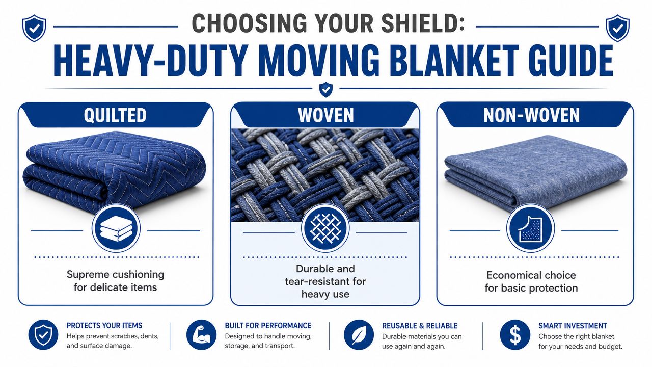 A guide comparing quilted, woven, and non-woven heavy-duty moving blankets for furniture protection and transport.
