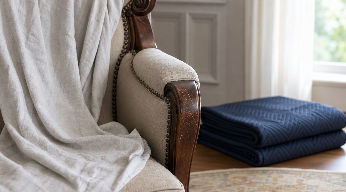 An elegant vintage chair with a draped beige linen cloth next to a folded heavy duty moving blanket.