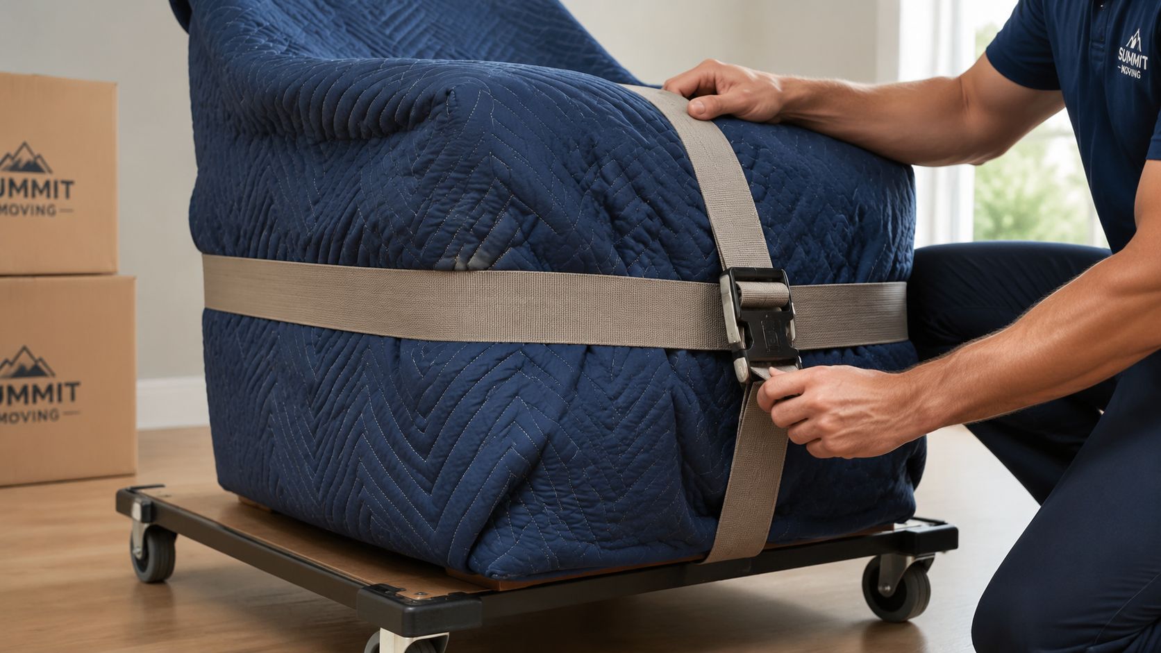 A professional mover secures a wrapped chair onto a dolly using heavy-duty nylon straps.