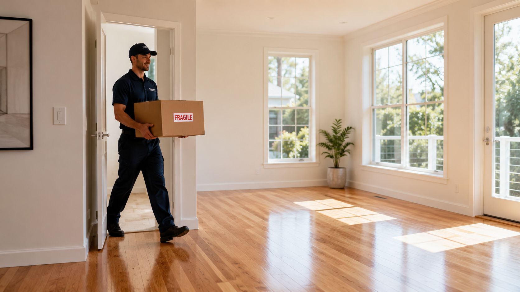 A professional delivery worker carrying a fragile box into a clean, empty home with hardwood floors.