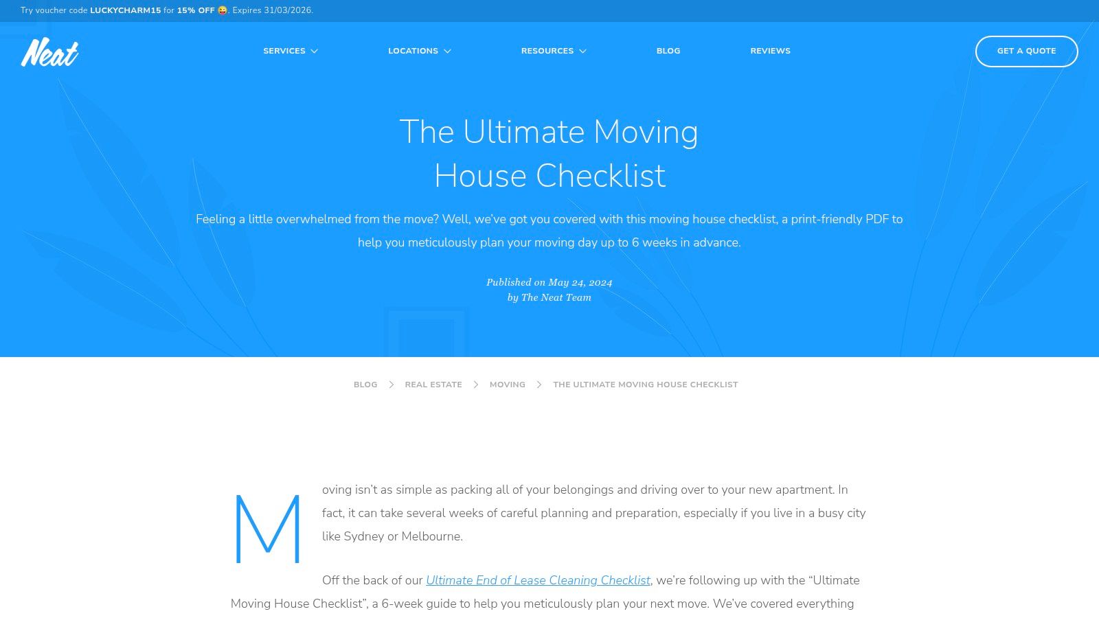 A minimalist moving checklist on a clipboard, highlighting the print-ready nature of This Is Neat Cleaning's checklist.