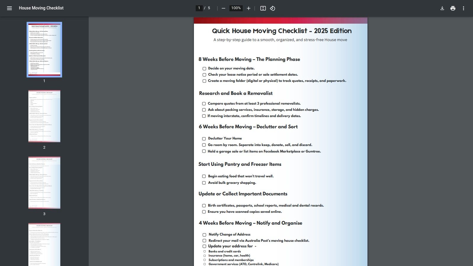 A checklist is shown on a clipboard with moving boxes in the background, representing the Big Stuff Movers' quick house moving checklist PDF.