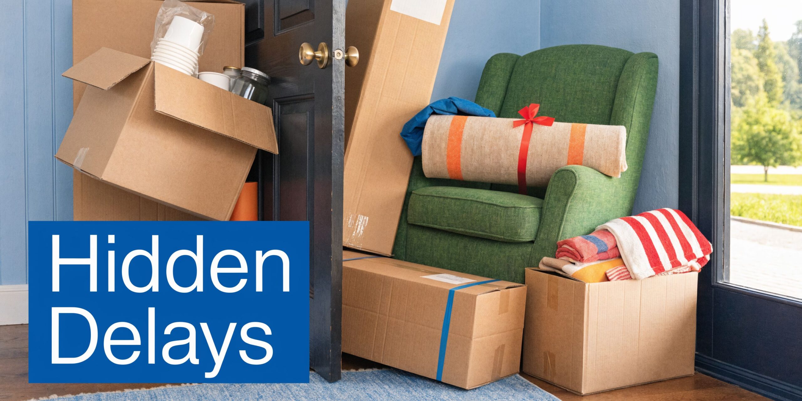 Cardboard moving boxes and a green armchair placed near an open door in a home interior.