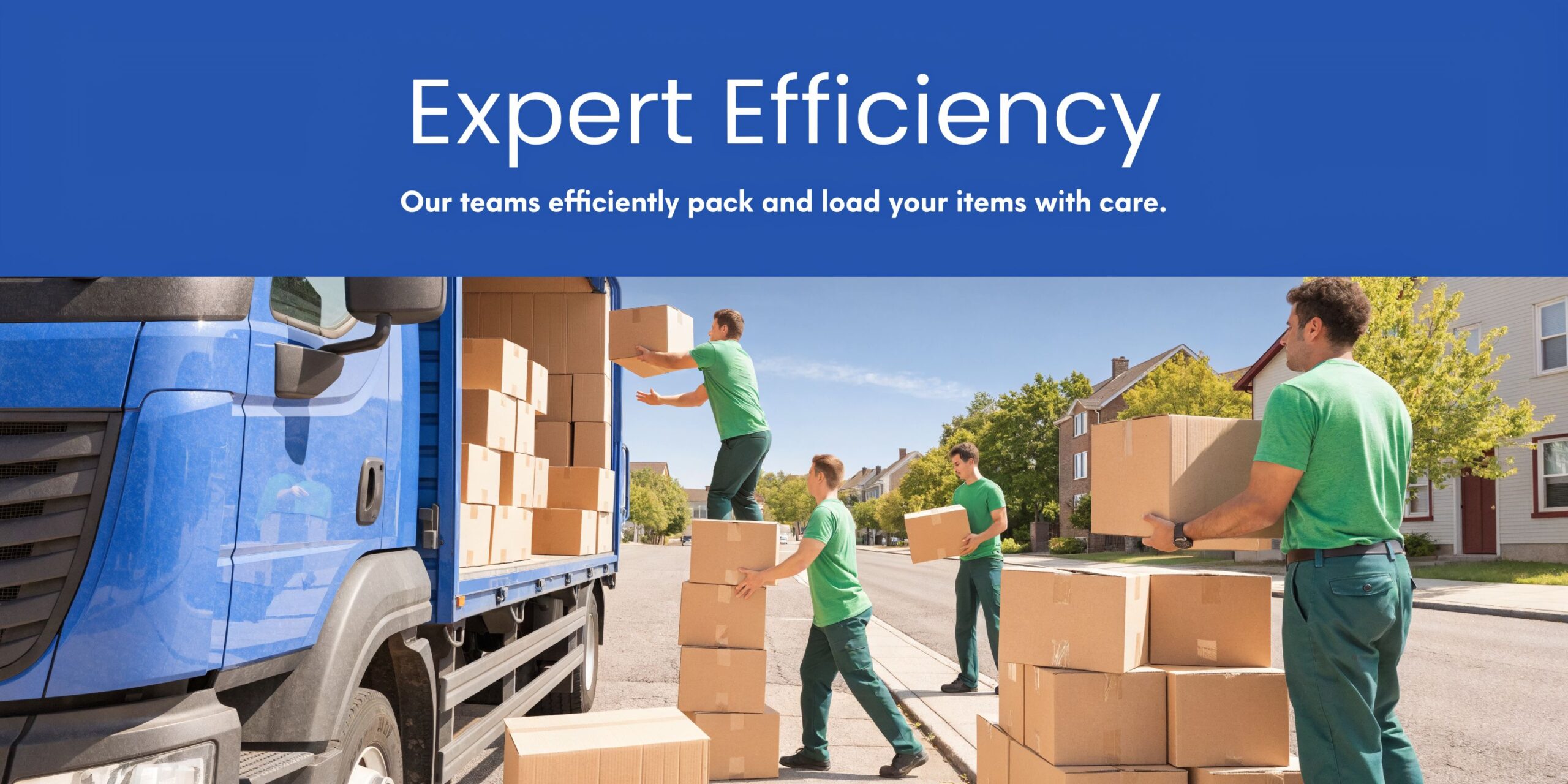 A team of professional movers in green uniforms efficiently loading cardboard boxes into a blue moving truck.