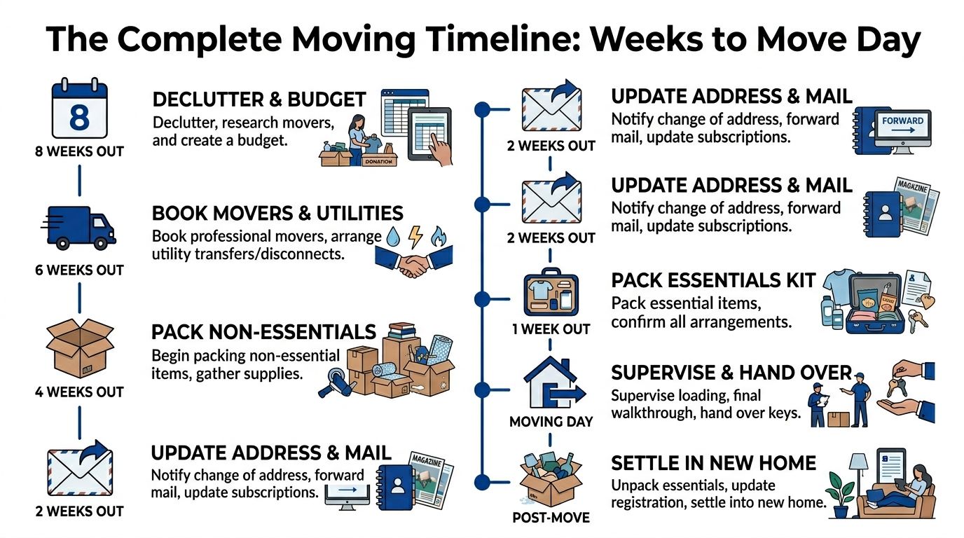 A helpful infographic showing a timeline for moving house, ranging from eight weeks before to after moving.