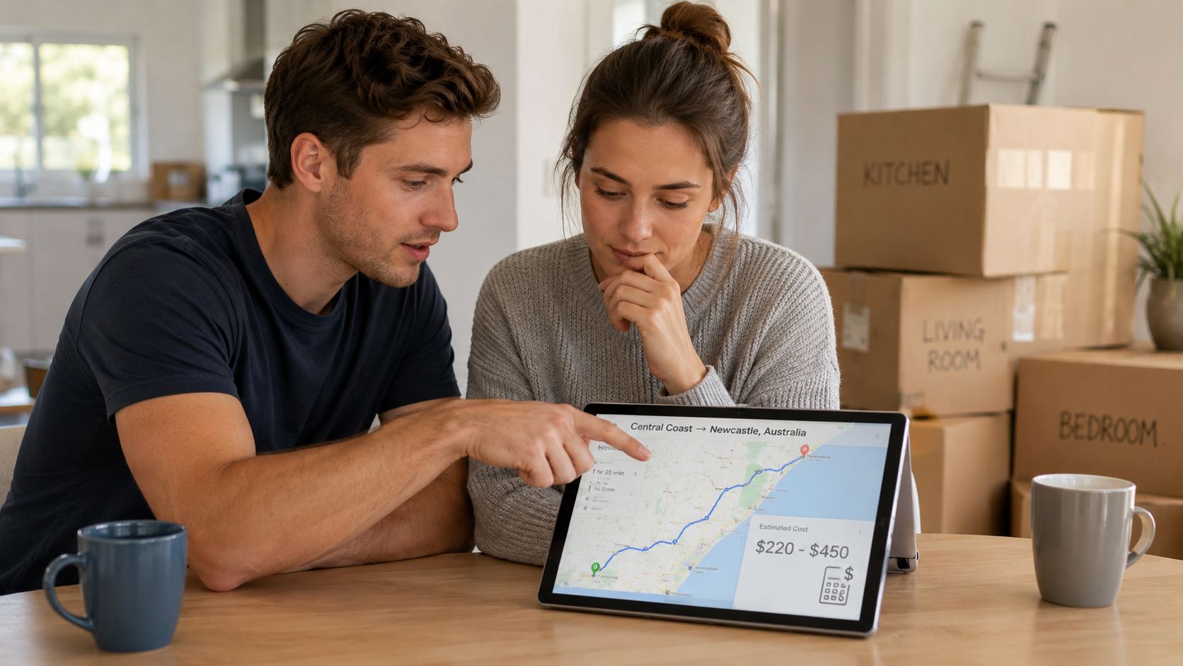 A young couple reviewing moving costs between Central Coast and Newcastle on a digital tablet at home.