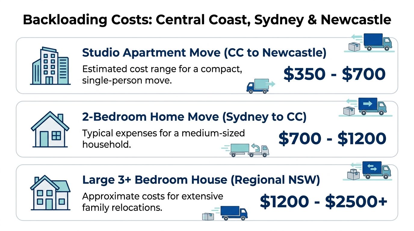 A price guide chart for backloading moving costs between Central Coast, Sydney, and Newcastle regions.