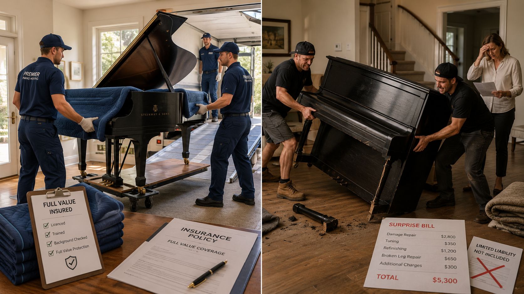 A split-screen comparison showing professional insured piano movers versus unprofessional movers causing expensive damage to a piano.