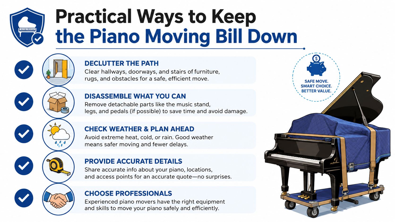 An infographic detailing five practical tips to reduce piano moving costs, including preparation and professional services.